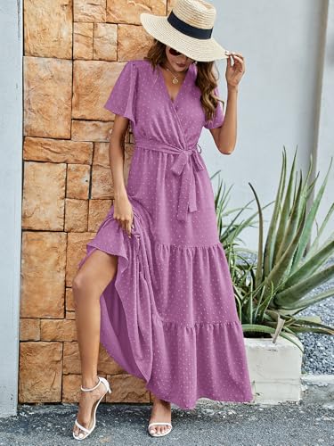 Image of MASCOMODA Women Boho Swiss Dot Maxi Dresses Wrap V Neck Flutter Short Sleeve Solid Tie Waist A Line Tiered Flowy Long Dresses
