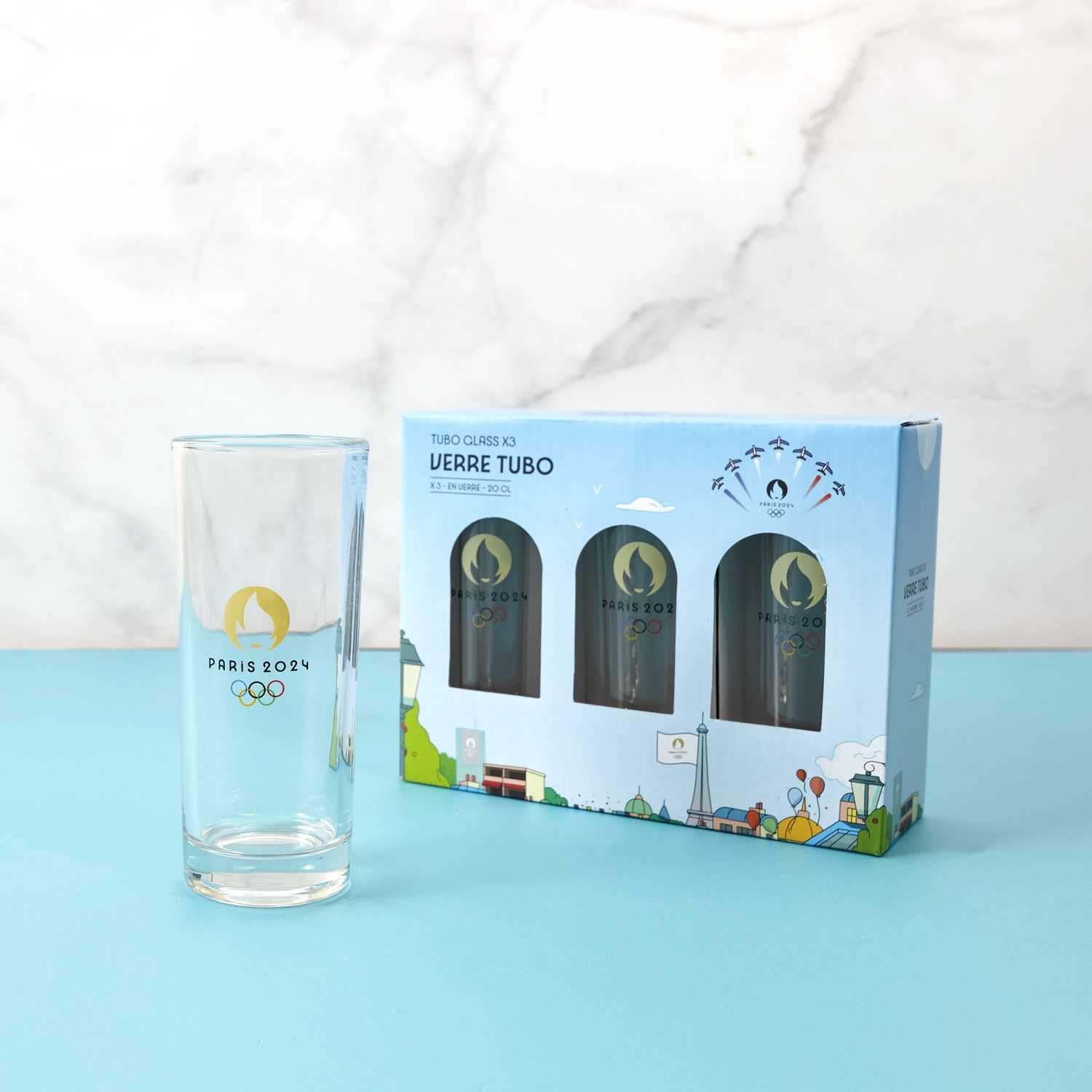PARIS 2024, CJO4400, zestaw 3 szklanek tubowych 20 cl, oficjalny produkt, nowoczesny design, idealny do domu, restauracji, na imprezy, można myć w zmywarce