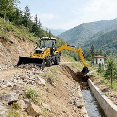 4x4 Mini Towable Backhoe with Front End Loader and Excavator Arm, Compact Equipment for Grading, Digging and Rural Construction Work