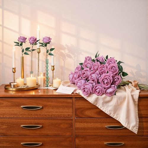 Image of 50 PCS Dusty Roses Artificial Flowers, Fake Roses with Stem Realistic Silk Roses for DIY Wedding Bouquets Tables Centerpieces Arrangements Baby Shower Birthday Home Decor Valentine's Day Gift for Her