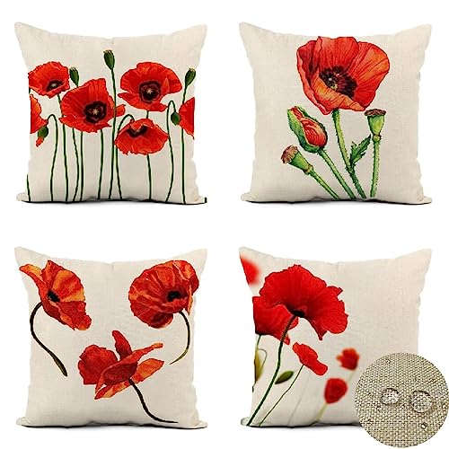 Lot de 4 Housse de Coussin 40x40cm Rouge Housse Coussin Decoratif Fleur de coquelicot Lin Exterieur Imperméable Coussin Canape Taie Oreiller pour Coussins...