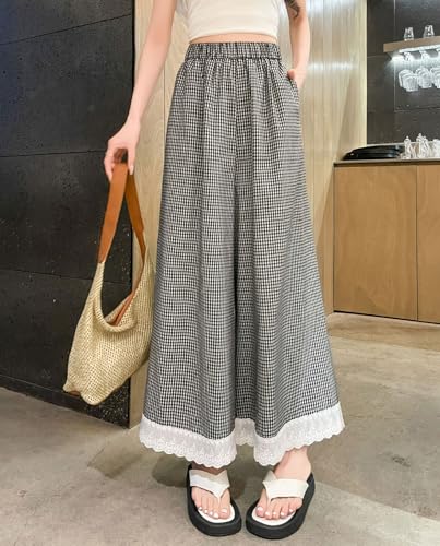 chouyatou Women's Elastic Waist Plaid Pants Lace Trim Wide Leg Capri Palazzo Pants Culottes with Pockets2