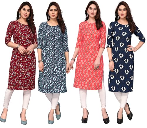 Image of JAKHANA Women's Crepe Printed Casual Straight Calf Length Round Nick Kurta Pack of 4