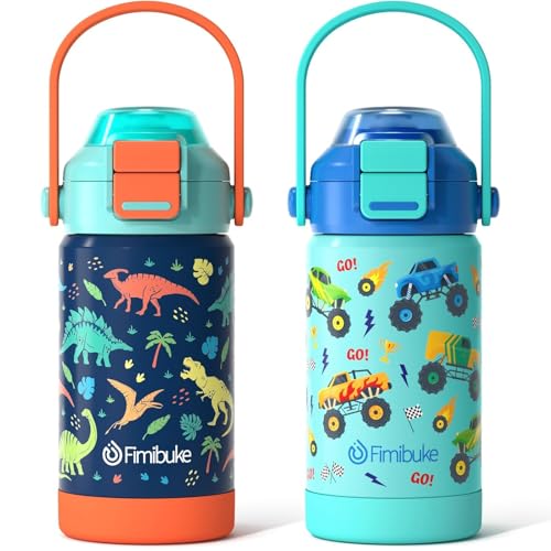 Fimibuke Kids Insulated Water Bottle with Pop-Open Straw & Spout 2-in-1 Lid, 14oz Leak Proof 18/8 Stainless Steel Vacuum Tumbler, BPA-Free Kids Cup For Travel School Boys Girls Toddler 2Pack
