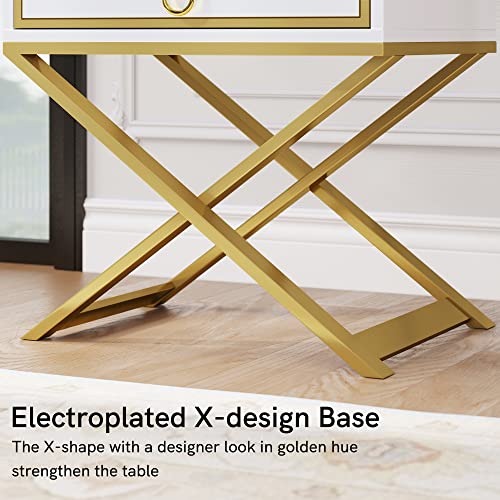 DWVO Modern White Nightstand with Drawer Solid Wood Small Bedside Table Gold Metal Frame Fully Assembled End Table for Living Room Bedroom