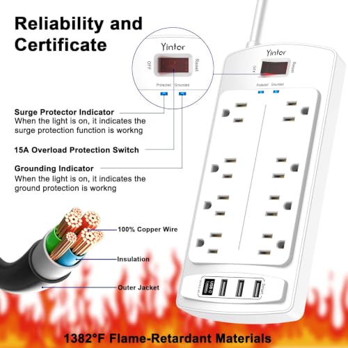 Image of Surge Protector Power Strip, Yintar 10 Feet Flat Plug Extension Cord with 8 AC Outlets and 4 USB Ports, 2700 Joules, ETL Listed, White