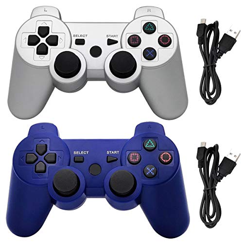 Ceozon PS3 Controller Wireless Playstation 3 Controller Bluetooth for Sony PS3 Remote Controller Joystick with Charging Cords Silver + Blue