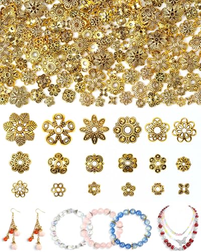 FIVEIZERO 240Pcs Gold Flower Bead Caps for Jewelry Making 18 Styles Filigree Spacer Caps Multi-Petal Design 6mm16mm for Earrings Bracelets & Necklaces