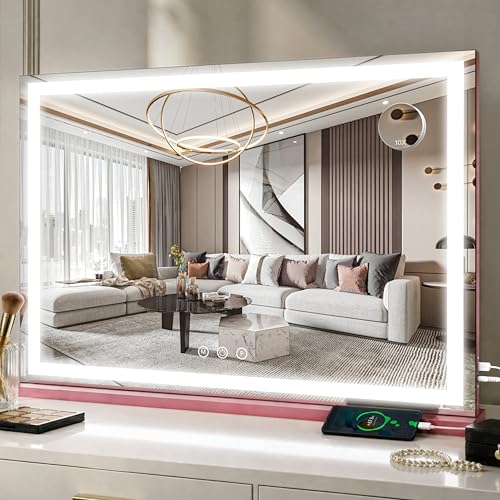 Image of FENNIO Large Vanity Mirror with Lights,35.5 inch x 27 inch LED Makeup Mirror,Hollywood Mirror with 3 Color Modes & Adjustable Brightness,Vanity Mirror Square Pink