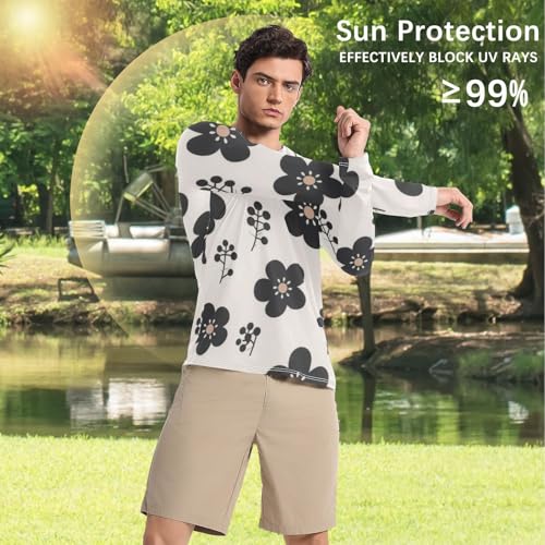 Black Flowers Sun Protection SPF Rash Guard Shirt Loose Crew Neck Long Sleeve Sun Shirt for Men Long Sleeve Running4