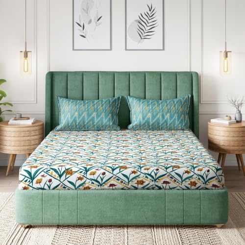 Image of Amazon Basics - 100% Cotton Flat Bedsheet | 144TC |King Bed Sheet with 2 Pillow Cover|Soft Cotton | Floral Print | 90 Inch x 108 Inch, Green