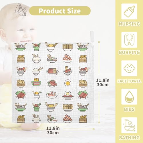 Image of vvfelixl Asian Food Icons Baby Burp Cloths Baby Muslin Washcloths for Boys Girls Cotton Babys Face Towel for Newborn Soft 11.8 X 11.8 in, 5 Pack