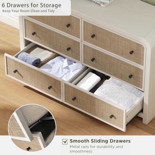 Image of Oak&Sparrow 6 Drawer Dresser for Bedroom, 49'' Rattan Dresser with Ample Storage, Boho Chest of Drawers, Thickened Curved Profile Design, Oak Dressers for Bedroom, Living Room