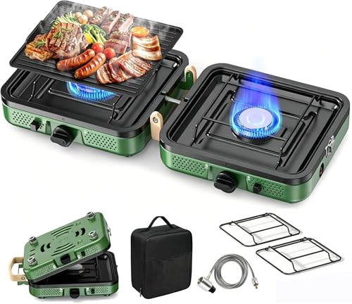 2 Burner Camping Stove, 20000 BTU Propane Camp Stove Portable Folding Gas Travel Stove Camping Essentials Gears Includes Grill,Carrying Bag, Adjustable Burners & Piezo Ignition for Tailgating,BBQ,Camp