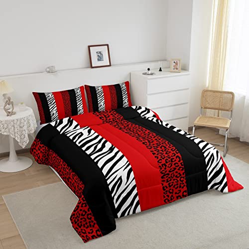 Leopard Print Comforter Set Queen,Zebra Skin Texture Bedding Set 3Pcs For Kids Teens Girls Woman Room Decor, Striped Fashion Quilt Set Black White And Red Duvet Insert With 2 Pillowcases #TOP2