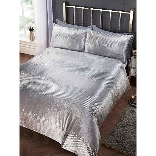 Rapport Home Parure de lit en Velours écrasé avec Housse de Couette et Sequins – Argent – King Size