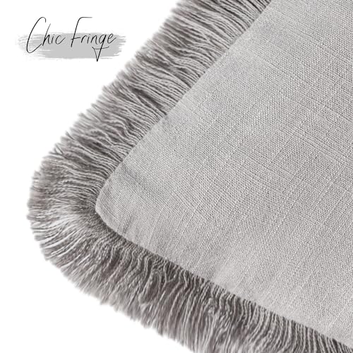 Image of Foindtower Set of 2 Decorative Linen Fringe Throw Pillow Covers Cozy Farmhouse Cushion Cover with Tassels Accent Pillowcase for Couch Chair Sofa Bed Living Room Home Decor,16x16 Inch,Light Rustic Gray