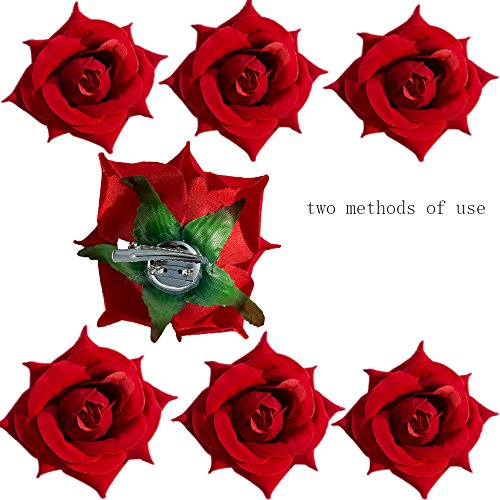 Cute Two Methods of Use 4 inches 3D Simulation Real Fabric Girls' Rose Flower Alligator Hair Clips With Pin Non Slip (6 Red Rose Flower)