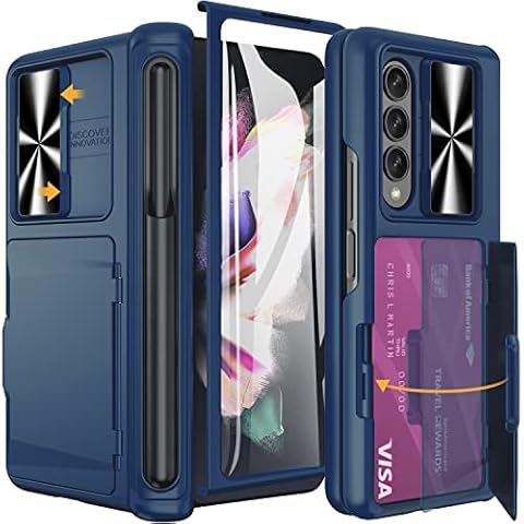 Vihibii for Galaxy Z Fold 3 Case with Card Holder & S Pen Holder & Hinge Protaction, Built-in Sliding Camera Cover & Screen Protector, Multifunction Case for Samsung Galaxy Z Fold 3 5G 2021 (Blue) Cover