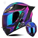 Motorcycle Full Face Bluetooth Helmet, DOT/ECE Approved Modular Flip Up Front Sport Helmets with Tail, Youth & Adult Dual Anti-Fog Visors Offroad Helmet for Off-Road Crash Moped Racing-D||Small -  YAGTEYCLL