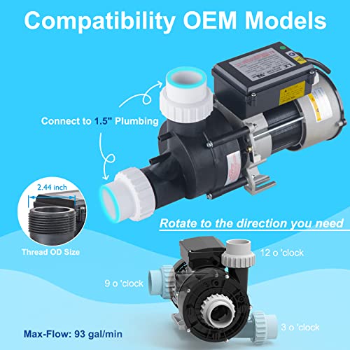 Image of Bath Pump, 1.0HP Hot Tub Bath Pump - LX Pump Motor 115V, 1.5 inch Port, 0.75KW Input Power - Compatible with OEM models (Model: WCA100)