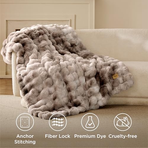 Bedsure GentleSoft Fluffy Faux Fur Throw Blanket, Fuzzy Soft Bubble Blanket for Couch, Faux Fur Decor for Home Bedroom Living Room, Thick Furry Cozy Gifts for Women, Tie-dye Brown, 50x60 Inch