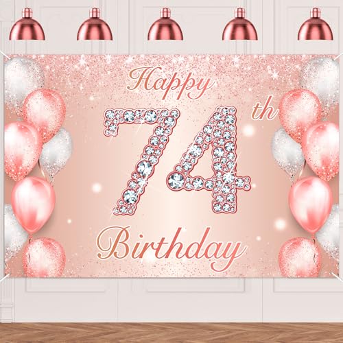 Image of Happy 74th Birthday Rose Gold Banner Cheers to 74 Years Old Backdrop Confetti Balloons Theme Decor for Women 74 Years Old Pink Birthday Party Decorations Bday Supplies Background Favors Gift Glitter