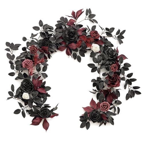 5FT Black Burgundy Artificial Flower Garland Fake Rose Leaves Floral Garland Arch Flowers Vine for Wedding Party Backdrop Decor Mantel Home Table Centerpieces Wall Decorations