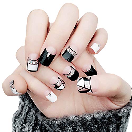 Fstrend False Nails Black White Geometric Lines Silver Sequins Bead Fake Nails Full Cover Fashion Party Acrylic Nails for Women and Girls