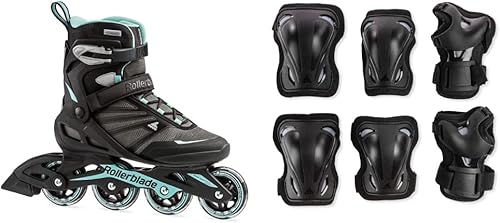 Rollerblade Zetrablade - Patines en línea de fitness para mujer, color negro y azul claro, paquete de 3 unidades de equipo de protección,