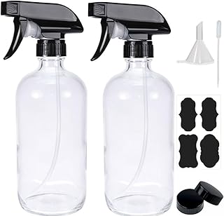 HAOERMEI Amber Glass Spray Bottles - Large 16oz Refillable Empty Bottle for Cleaning Solutions,Essential Oils,Hair Mister,Plants - Durable Nozzle w/Fine Mist and Stream Setting (16OZ-2PACK, Clear)