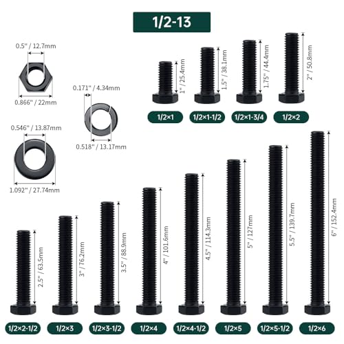Image of 1 /2-13 x 2-1 /2 inch Hex Bolts with Nuts and Washers (200 Sets), 18-8 (304) Stainless Steel, External Hex Drive, Black Oxide Coated Hexagon Head Bolts Screws, Fayeploo