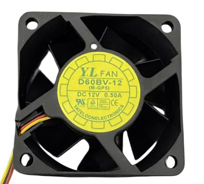 Front view of the AJSWISH D60BV-12 cooling fan showing the Y.L.FAN label, model D60BV-12, DC 12V 0.50A, and certification marks.