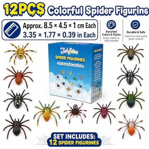 JOKFEICE Spinne Spielzeug 12 Stück realistische Spinnenfiguren Bunte Tarantel Figuren für Halloween Dekor, frühes pädagogisches Spielzeug, Geburtstagsparty, Kuchenaufsatz für Kinder