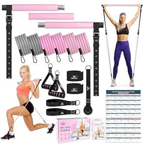 Pilates Bar Kit with Resistance Bands, Multifunctional Yoga Pilates Bar with Heavy-Duty Metal Adjustment Buckle, Portable Home Gym Pilates Resistance Bar Kit for Women Full Body Workouts