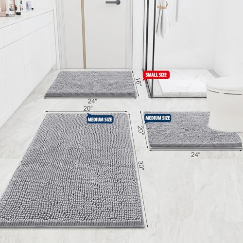 Smiry Luxury Chenille Bathroom Rugs 70x24, Extra Soft and Absorbent Shaggy Bath Mat, Machine Washable, Non-Slip Plush Carpet Runner for Tub, Shower, and Floor, Home Decor Accessories, Light Grey