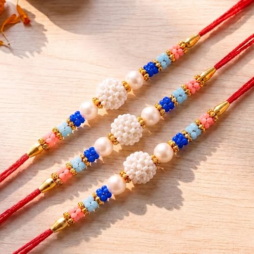 Image of Peora CZ Pearl & Crystals Studded Thread Rakhi for Brother Bhaiya | Combo Set of 3 | Raksha Bandhan Hamper with Roli Chawal & Greeting Card
