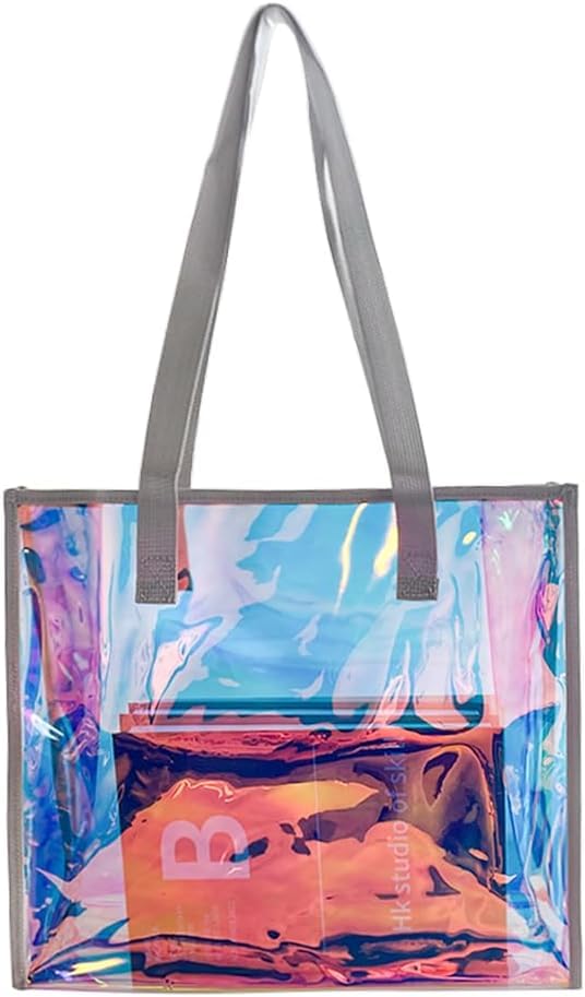 PROUDME Large Tote Bag for Women with Handle, Stylish Transparent Handbags, Rainbow Tote Bags for College Ladies Big Shoulder Bag Perfect size (35x27x10 CM) (Rainbow & Gray) (B0CR171HWZ) Amazon Price History, Amazon Price Tracker