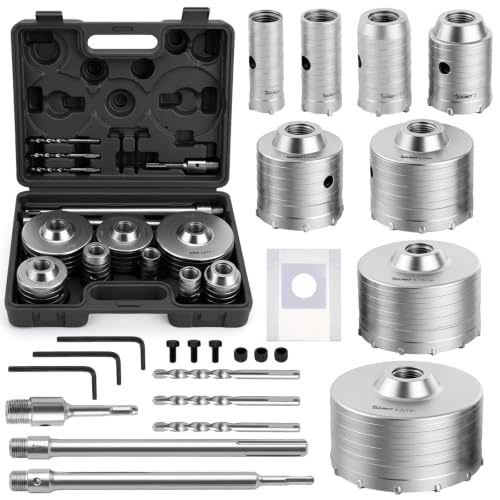 DAIMIT 32PCS Concrete Hole Saw Kits with 3 Drill Bits and SDS Plus & Max Shank Hole Saw Tool Set for Concrete Cement Brick Stone Wall Drilling Kit Size 25 30 40 50 65 80 100 110MM