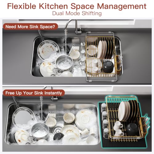 Image of JASIWAY Gold Dish Drying Rack in Sink with Mat, Cups and Utensil Holder