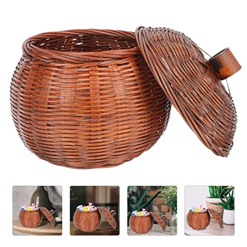 Patkaw Rattan Storage Basket Pumpkin Shape Round Rattan Boxes With Lid Wicker Egg Basket Desktop Organizer Bin Caddy Container For Food Bread Snack Fruit #TOP2