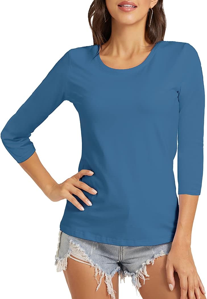 Women's Basic 3/4 Sleeve Crew Neck T-Shirt Casual Solid Slim Cotton Top - Image 3