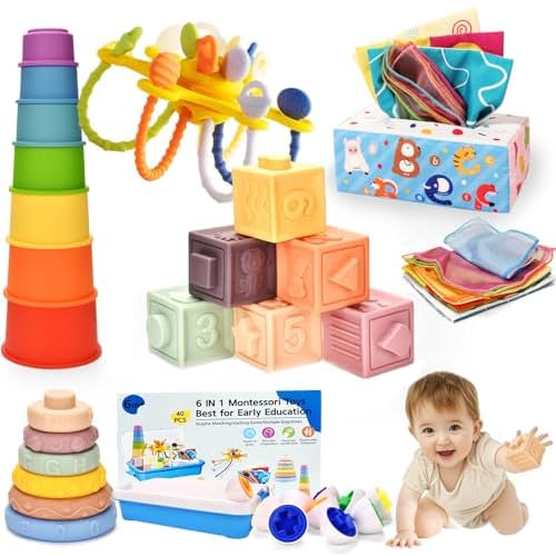 Jouet BéBé pour 6 à 12 Mois,Jeux Bébé Eveil 1 an,Montessori Jouet Eveil 9-18 Mois,Empilable Sensoriel 6 en 1 Blocs de Construction,Boite de Mouchoirs en Papier,Cadeau pour Bebe eveil 6-9-12-18Mois