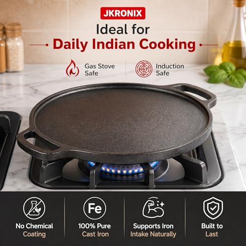 Image of Pre-Seasoned Cast Iron Dosa Tawa with Handle, 2-in-1 Reversible Grill Pan 30 cm, Naturally Non-Stick Cookware for Roti, Chapati, Chilla & Uttapam, Heavy Duty Griddle, Double Sided Cookware