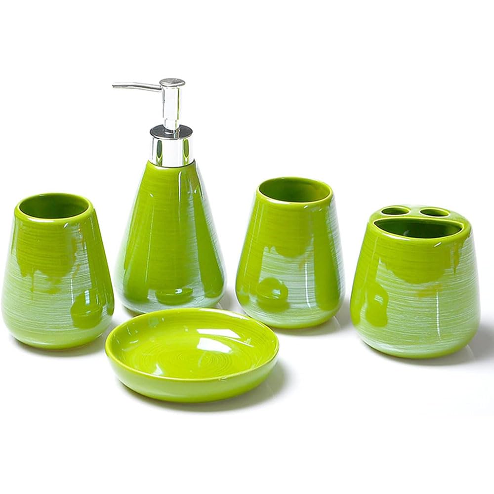 VECNUM Ceramic Perlglaze Bathroom Bathroom Accessories Set with Soap Dispenser, Toothbrush Mug, Soap Shell, Toothbrush Holder, 5Pcs,Green