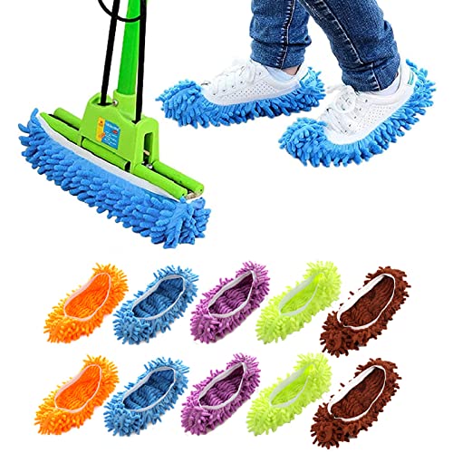 Chaussons Mop Chausson Microfibre Chaussures de Vadrouille Multifonction Microfibre Réutilisables Chausson Poussiere pour Nettoyage Poussière Saleté et Cheveux Maison(5 Paires, 5 Couleurs) Cover