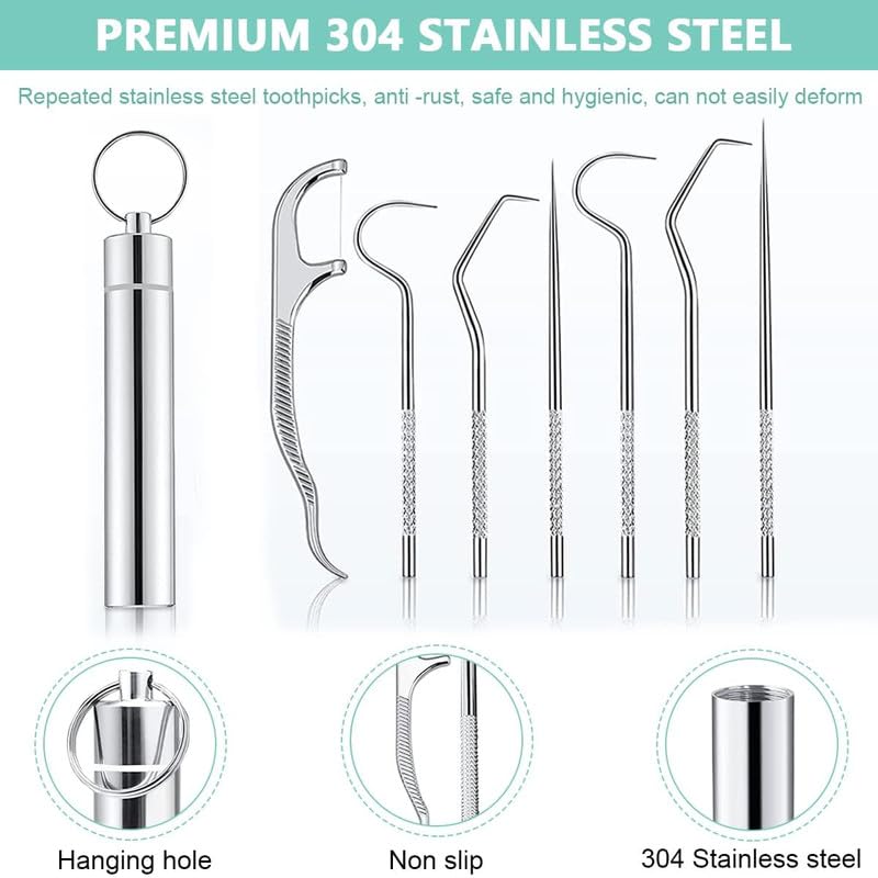 YAVRIXZ Stainless Steel Toothpick Set 7 PCs Portable Metal Pocket Toothpicks Reusable Teeth Cleaning Kit 4