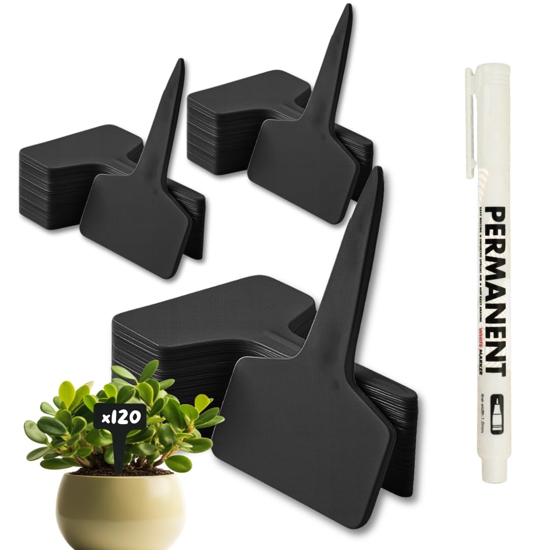 CULTIVEA® 120 Etiquetas Negras para Plantas + Rotulador Blanco | Marcadores de Jardín Reutilizables | Plástico Resistente, Waterproof, para Huerto Exterior, Semillas, Flores