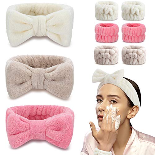 9 Pieces Microfiber Bowtie Headbands and Wrist Washbands, Makeup Headbands Wash Spa Yoga Sports Shower Facial Adjustable Hair Band for Women Girls (Pink, White, Brown)