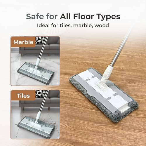 Image of HomeEssentials Large Flat Mop with 180 Rotating Stainless Steel Handle (127cm), Microfiber Floor Cleaning Mop for Hardwood, Tile & Laminate Reusable Pads Included